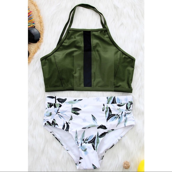 Leaf & Floral Print High Halter Two-piece Swimwear - Picture 3 of 6